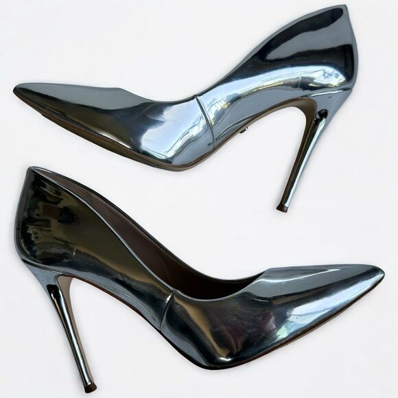 Aldo Metallic Silver Pointed Toe Pump Heel Size 8 Shiny Monochromatic Stiletto - Picture 6 of 13